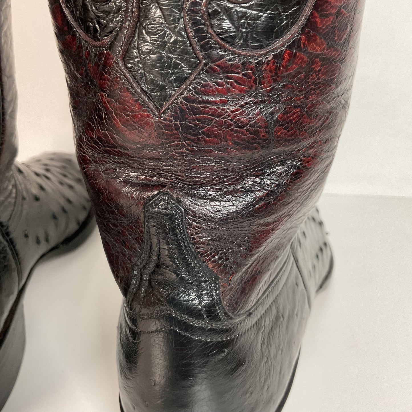 Vintage Lucchese Black Cherry Ostrich Quill Cowboy Boots 10 B Inlay Recrafted