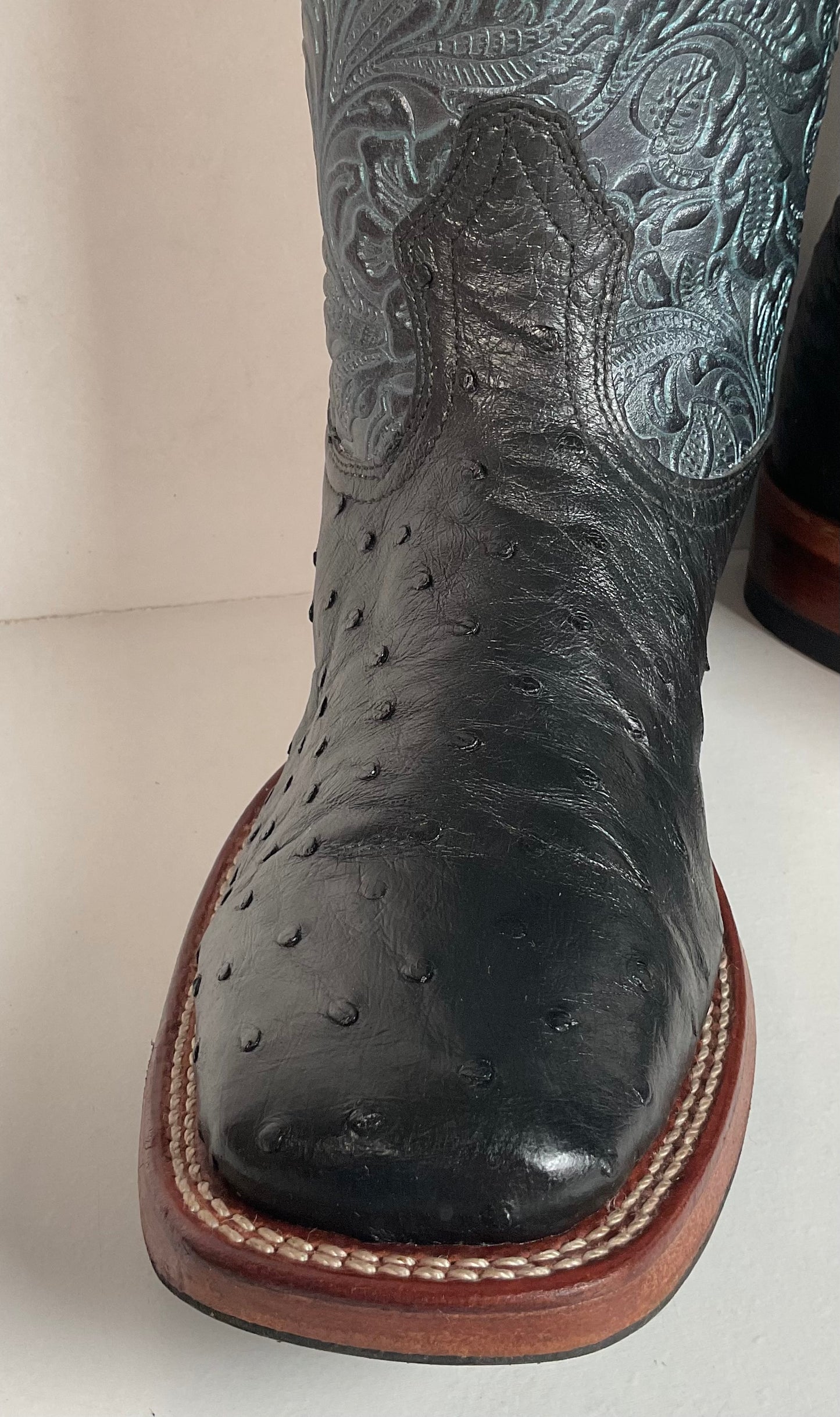 Boulet Tooled Ostrich Quill Cowgirl Boots 7 C Square Toe Exotic