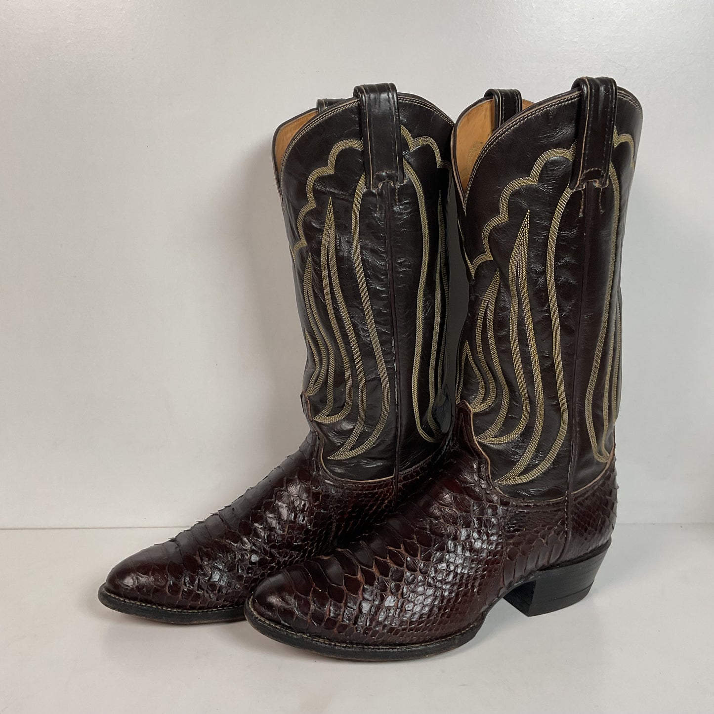 Vintage Tony Lama Back Cut Python Cowboy Boots 8.5 D Dark Brown Snakeskin