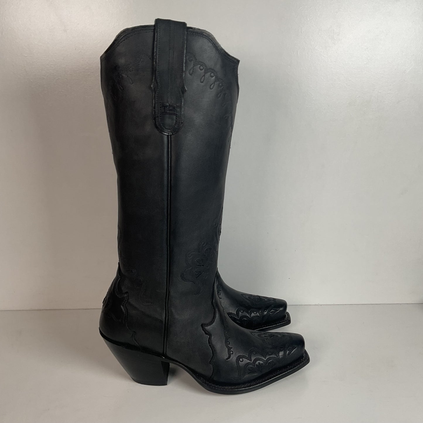 Tony Lama 16” Black Leather Cowgirl Boots 7 B USA Black Label