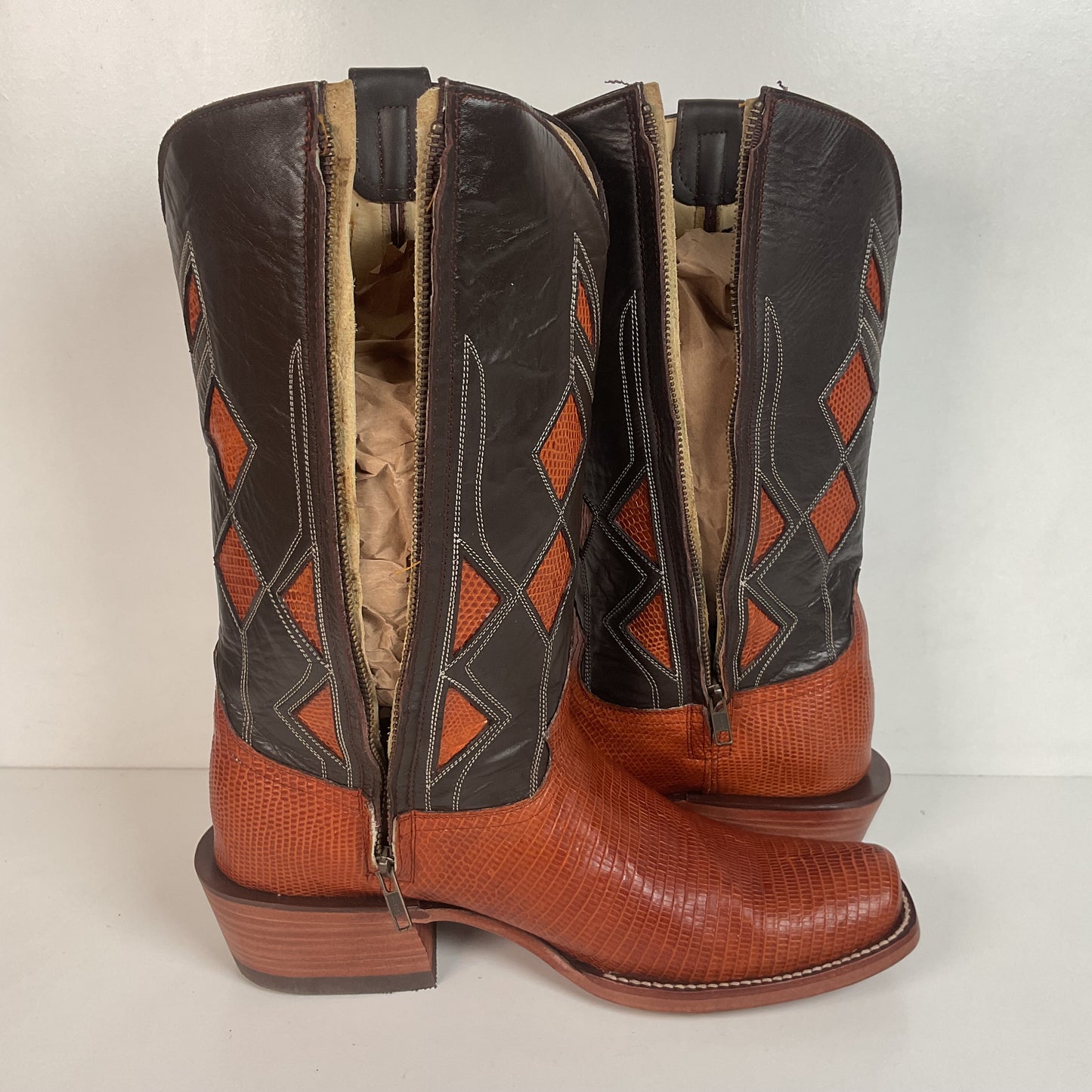 Serna Custom Cowboy Zipper Boots 10 Lizard Vamp, Tooled Inlay