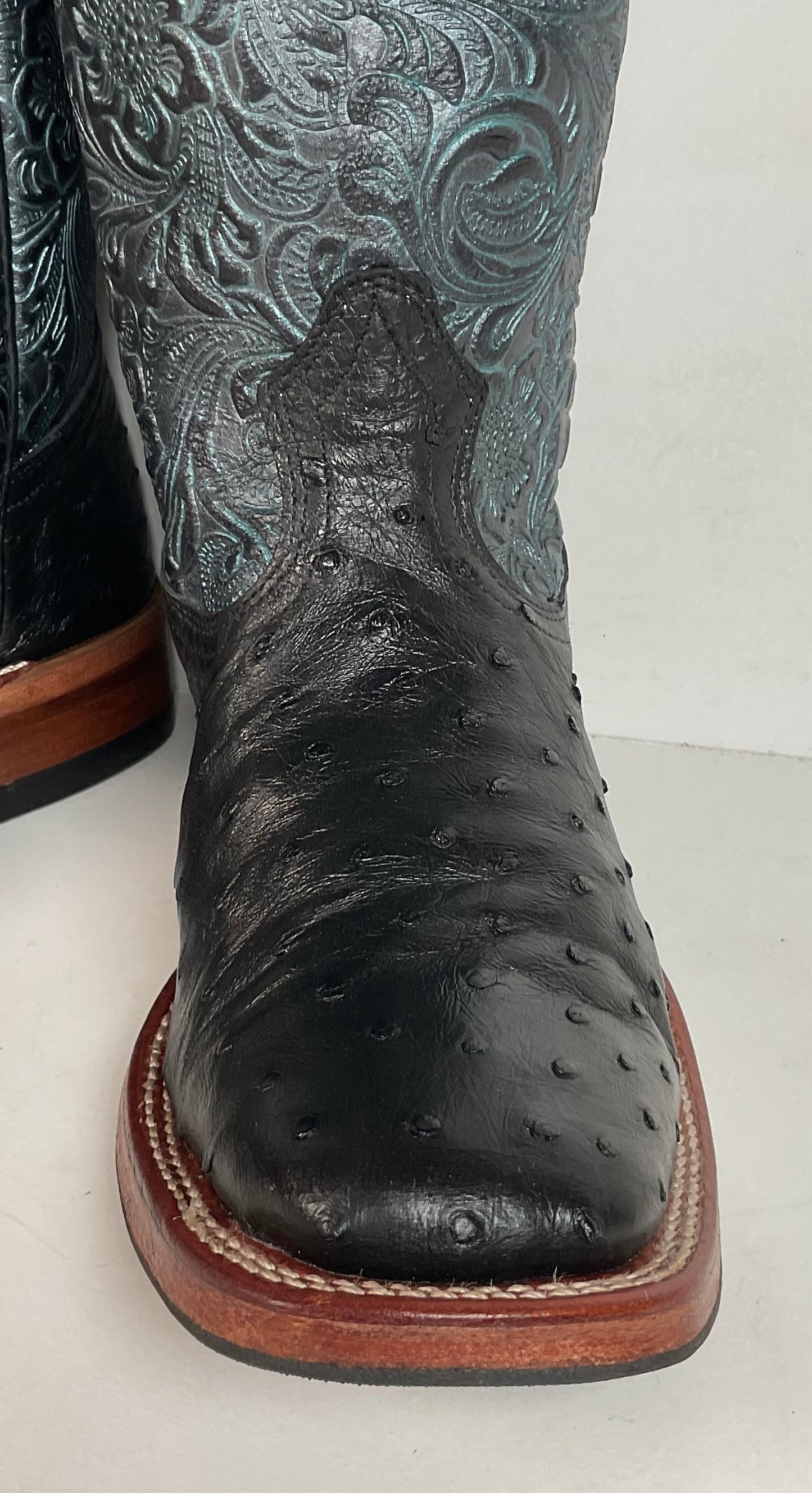 Boulet Tooled Ostrich Quill Cowgirl Boots 7 C Square Toe Exotic