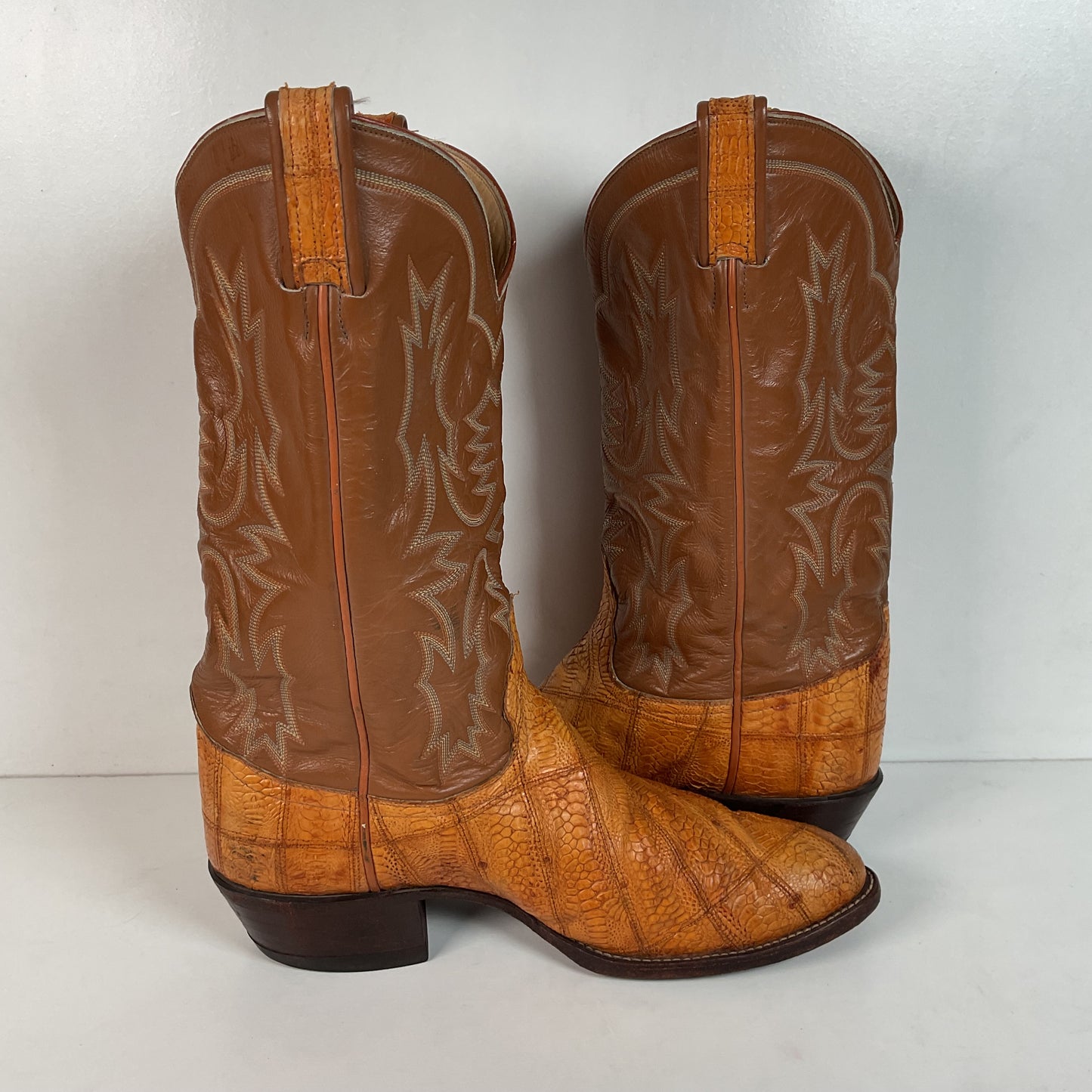 Tony Lama Ostrich Leg Patchwork Cowboy Boots 10 D Gold Label Thrashed