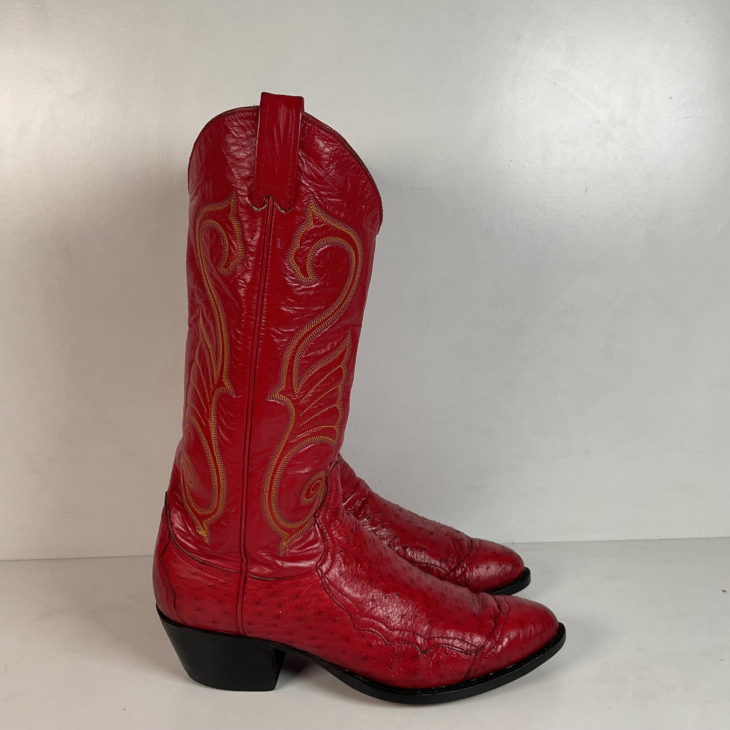 Vintage Larry Mahan Cherry Red Pin Quill Ostrich Cowboy Boots 10.5 D Recraft