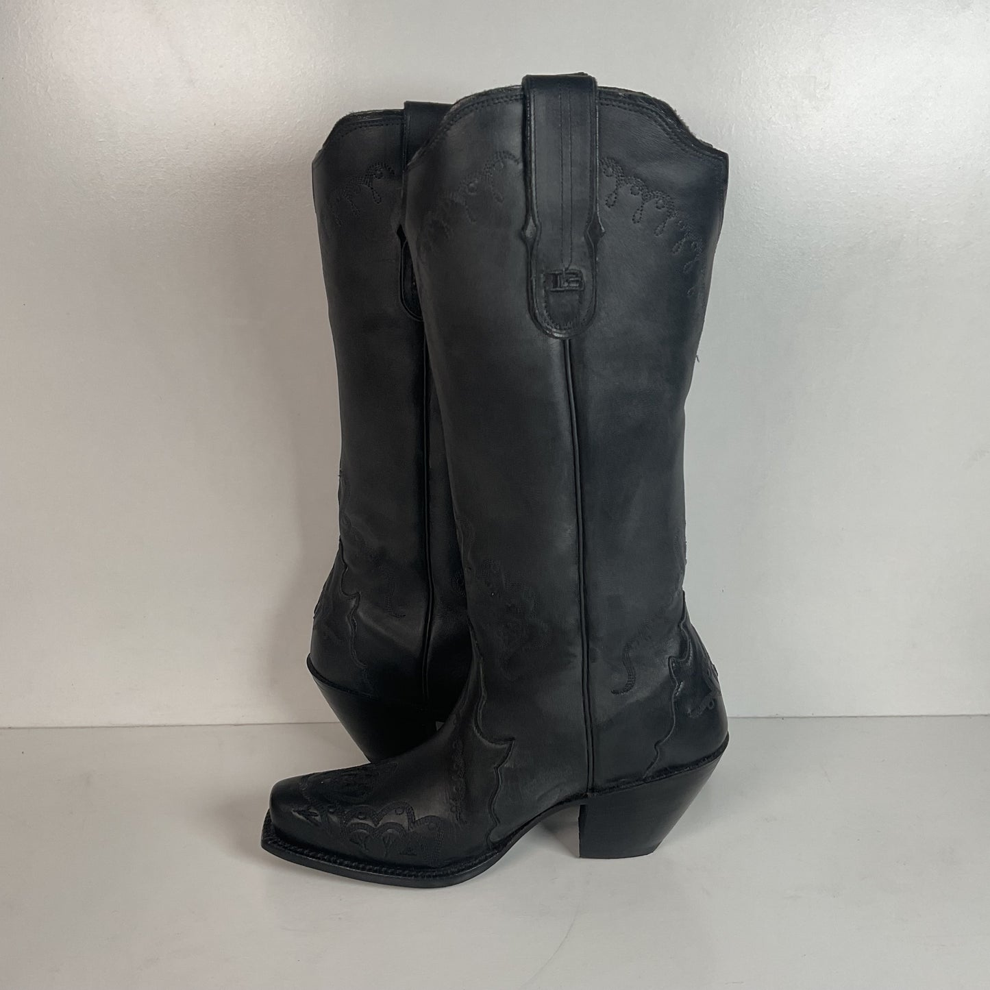 Tony Lama 16” Black Leather Cowgirl Boots 7 B USA Black Label