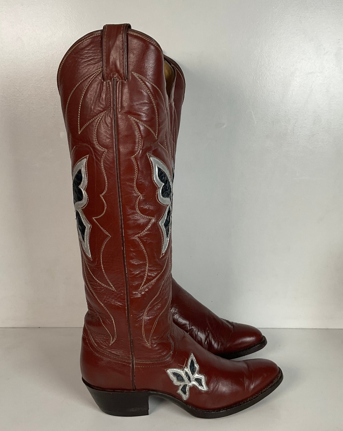 Vintage Justin 18” Butterfly Cowgirl Boots 5.5 C Snakeskin Inlay 70s