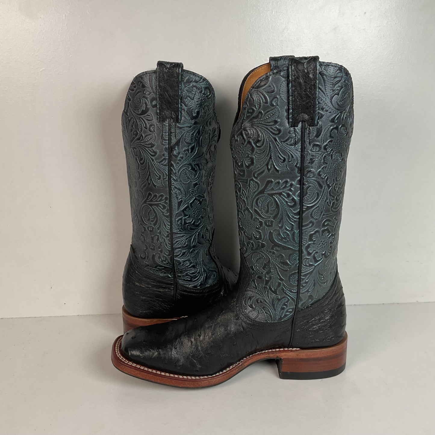 Boulet Tooled Ostrich Quill Cowgirl Boots 7 C Square Toe Exotic