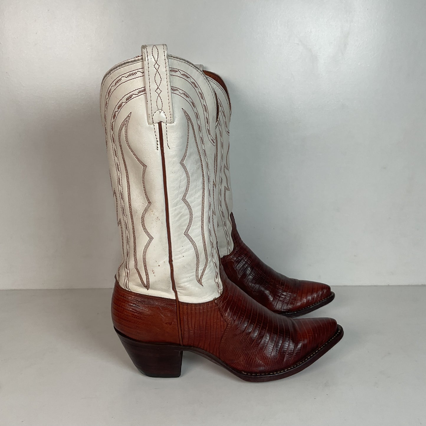 Vintage J Chisholm White Cowgirl Boots 7.5 M Teju Lizard
