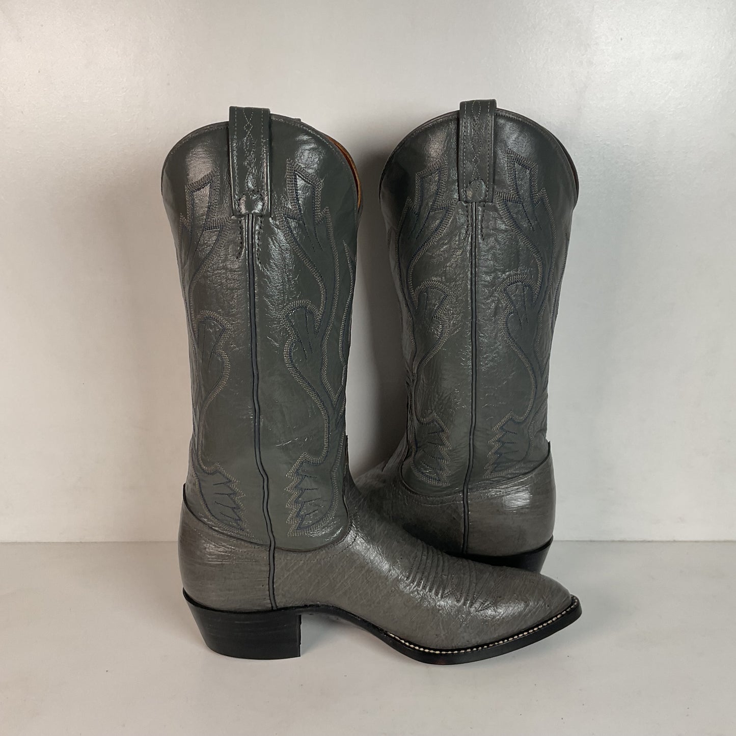Vintage J. Chisholm Grey Smooth Ostrich Cowboy Boots Men’s 7.5 D | Women’s 8.5 Exotic USA Made