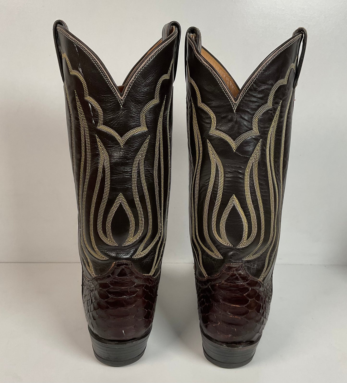 Vintage Tony Lama Back Cut Python Cowboy Boots 8.5 D Dark Brown Snakeskin