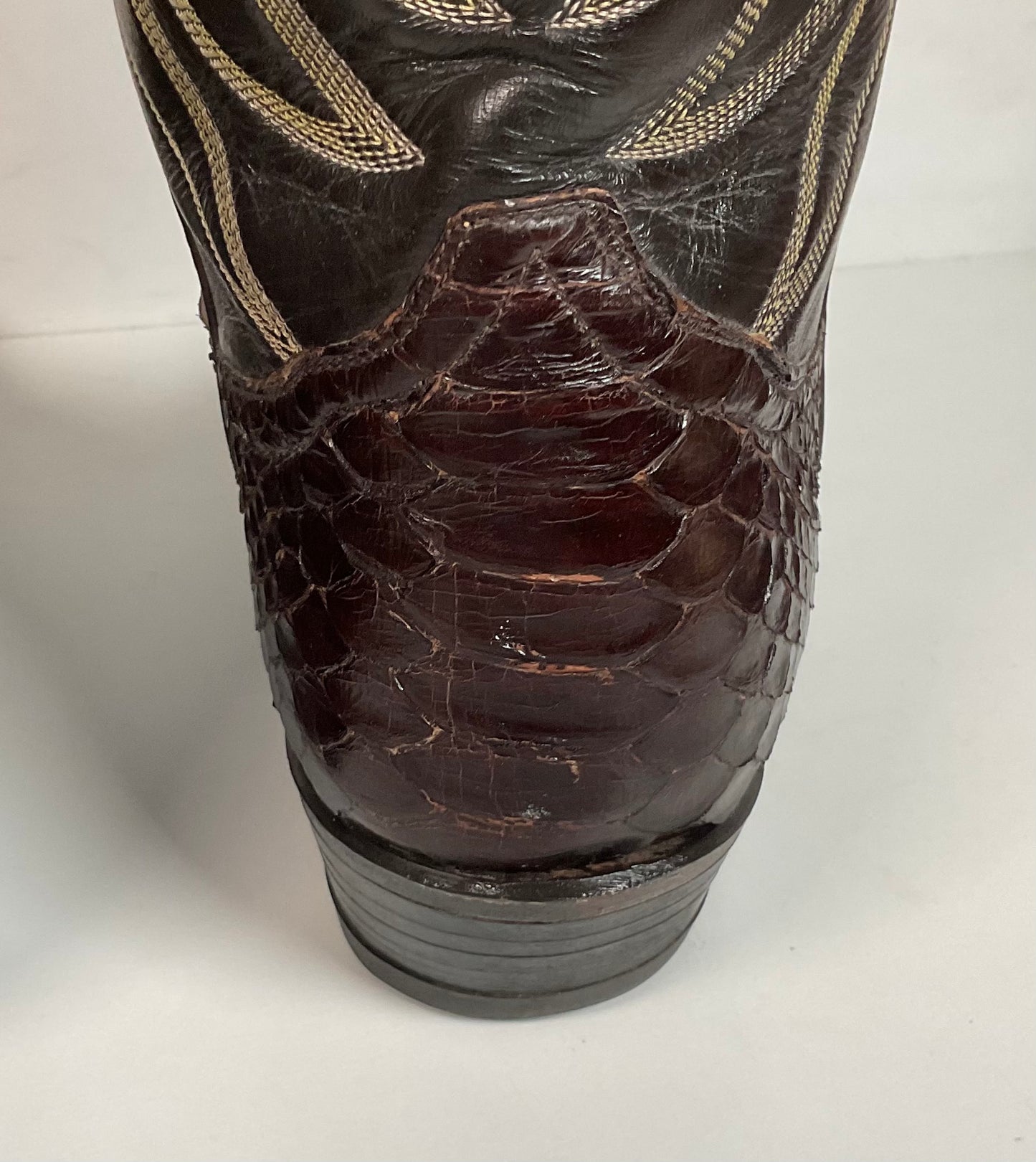 Vintage Tony Lama Back Cut Python Cowboy Boots 8.5 D Dark Brown Snakeskin