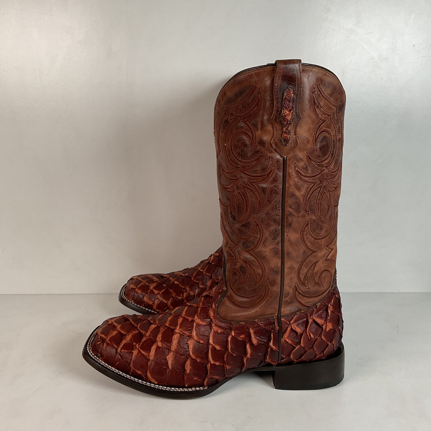 J. B. Dillon Exotic Pirarucu Cowboy Boots 11 EE Big Bass Square Toe