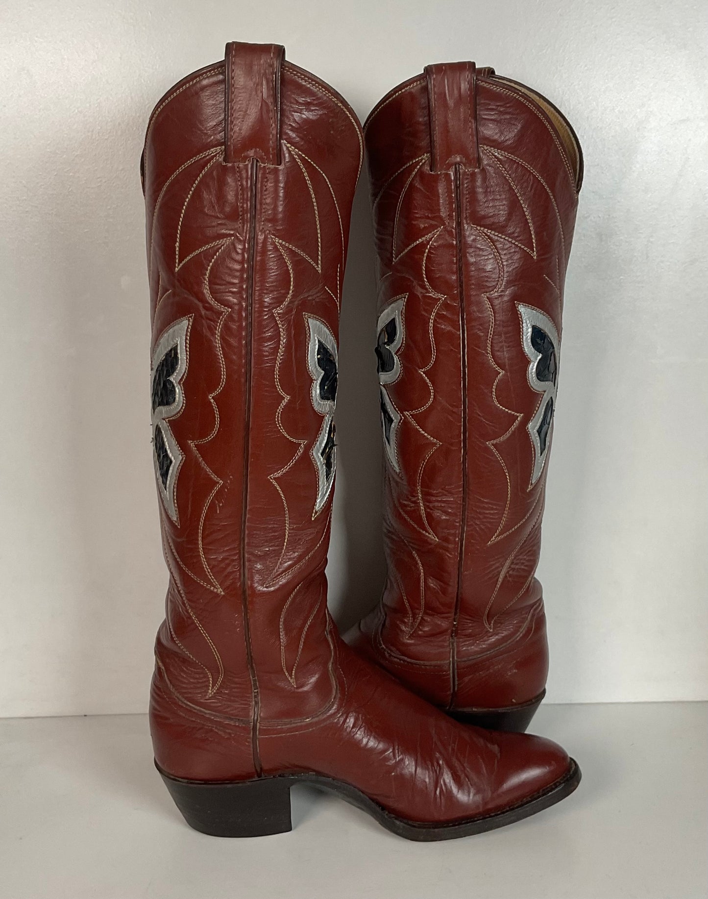 Vintage Justin 18” Butterfly Cowgirl Boots 5.5 C Snakeskin Inlay 70s
