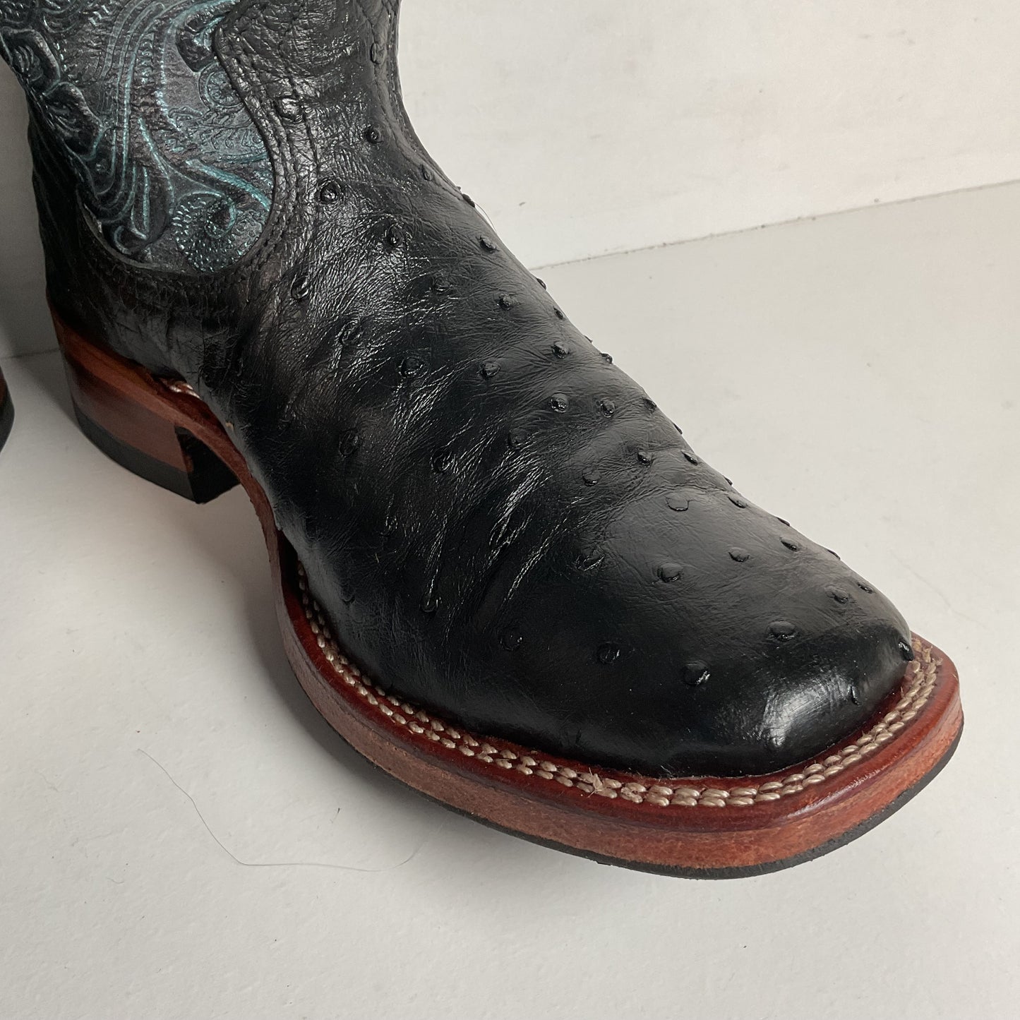 Boulet Tooled Ostrich Quill Cowgirl Boots 7 C Square Toe Exotic