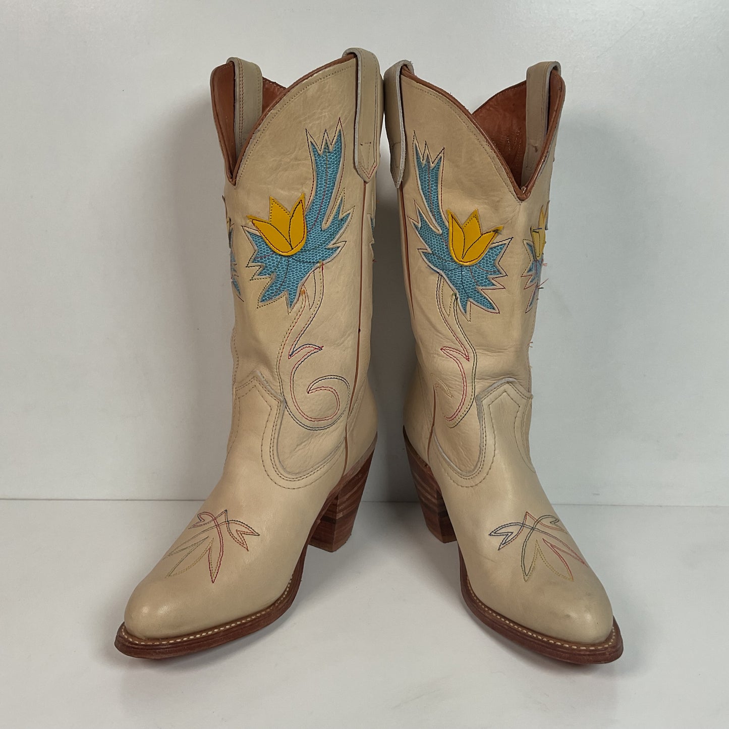 Vintage Miss Capezio Tulip Cowgirl Boots 7.5 M USA Made Rainbow Stitched
