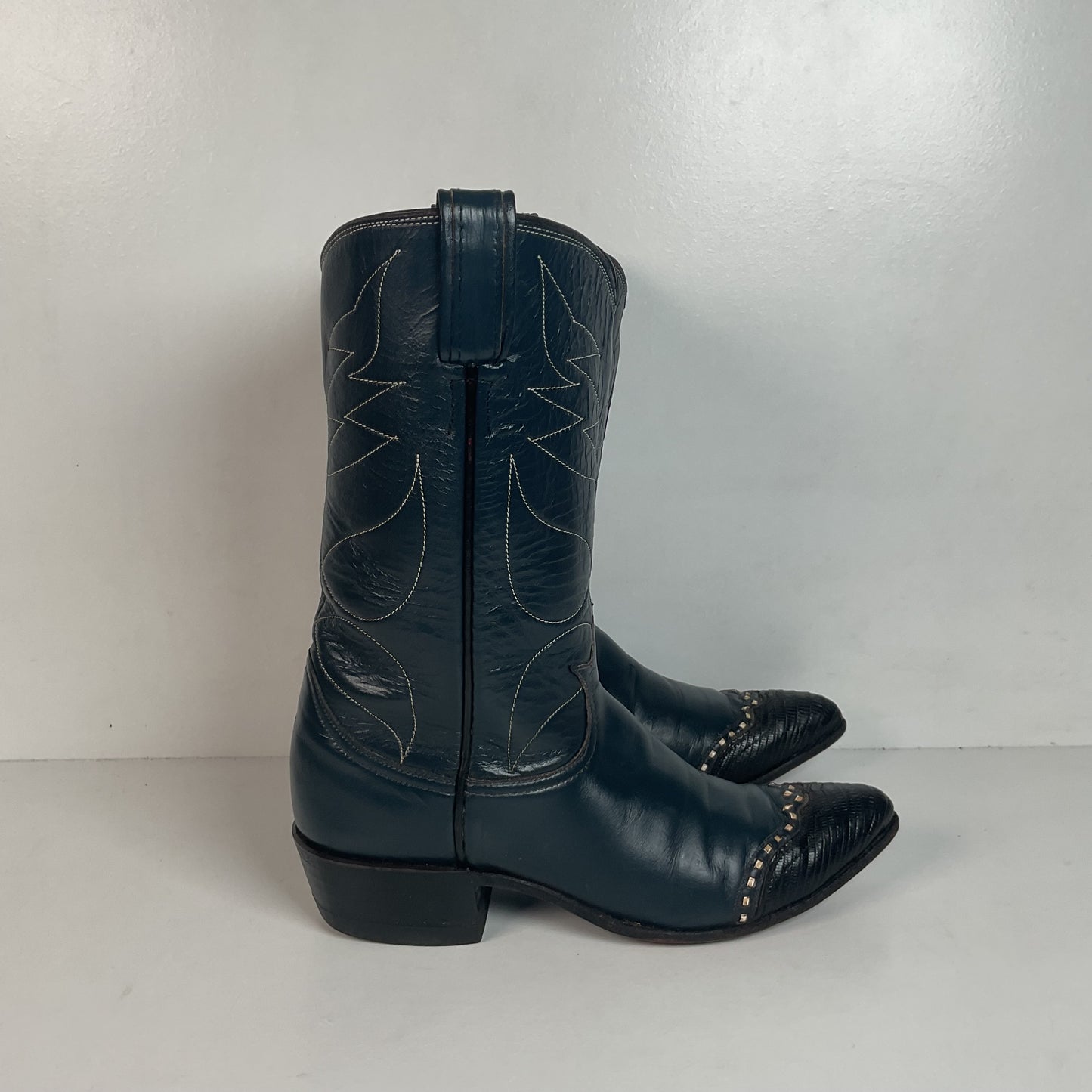 Vintage Tony Lama Navy Blue Cowgirl Boots 6 A Lizard Wingtip