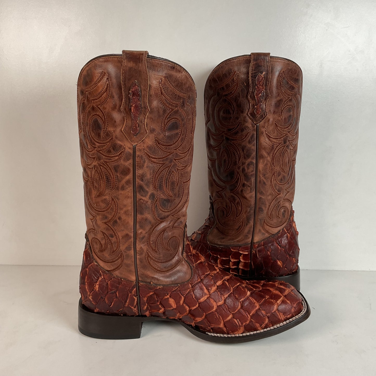 J. B. Dillon Exotic Pirarucu Cowboy Boots 11 EE Big Bass Square Toe