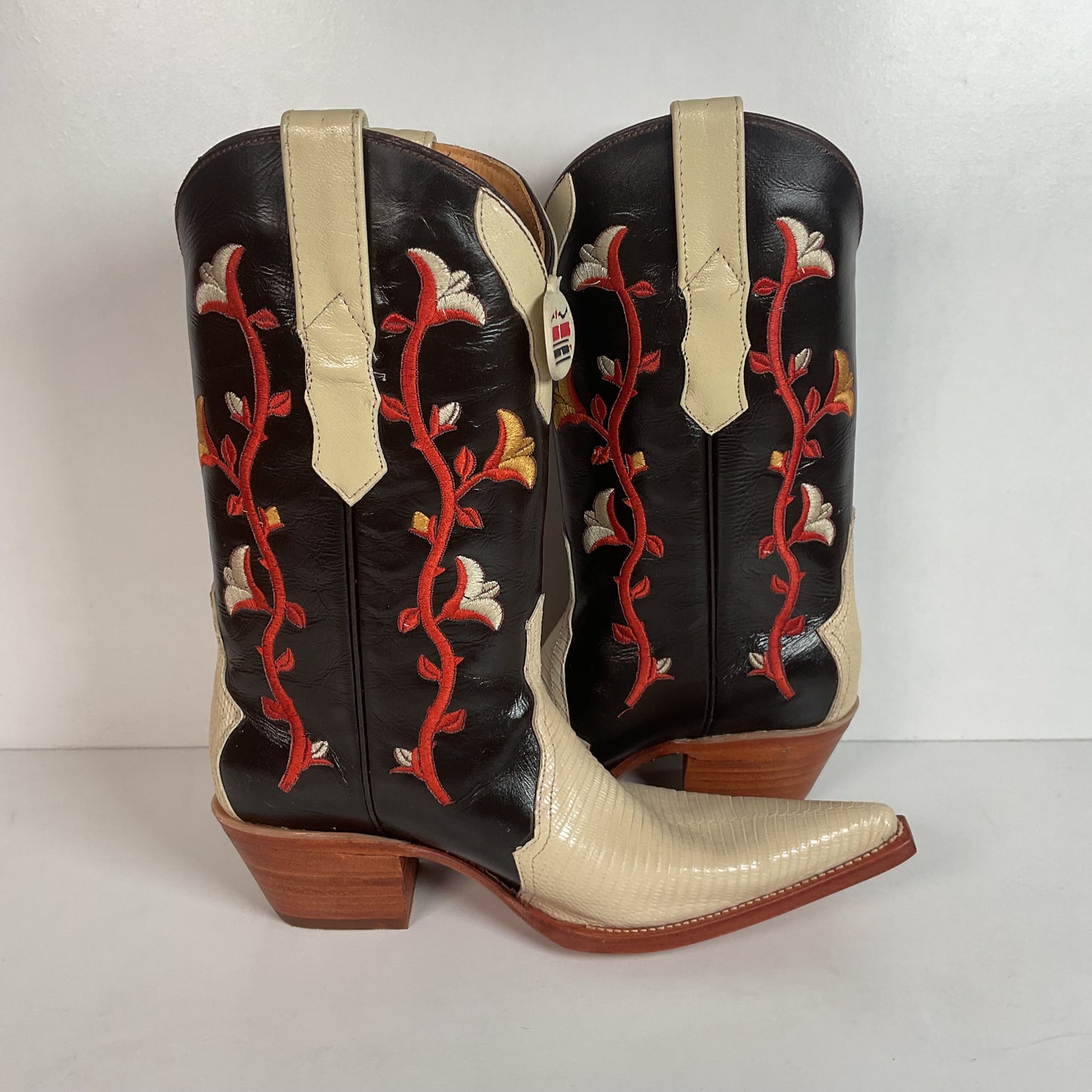 Los Altos Tulip Flower Cowgirl Boots 8 M Crème Lizard Vamp