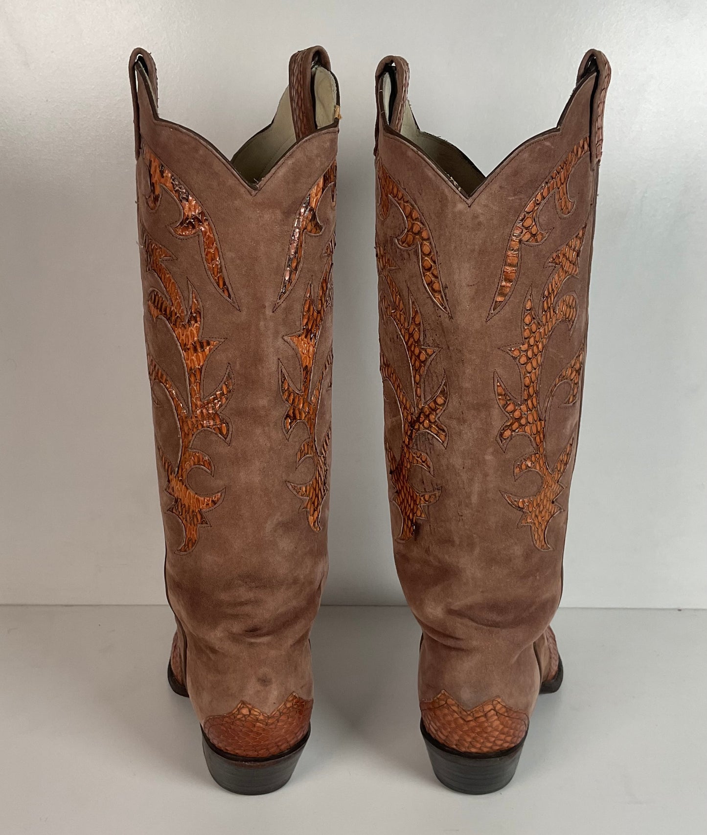 Vintage Larry Mahan Tall Cowgirl Boots 7 B Tooled Snakeskin Inlay