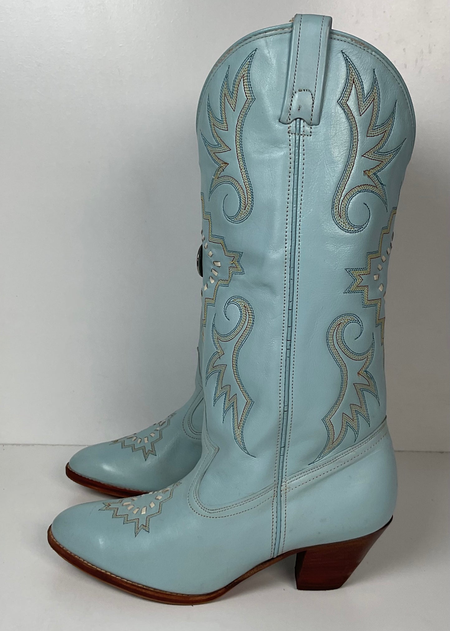 Vintage Dan Post Baby Blue Cowgirl Boots 8 M Native Design Recraft