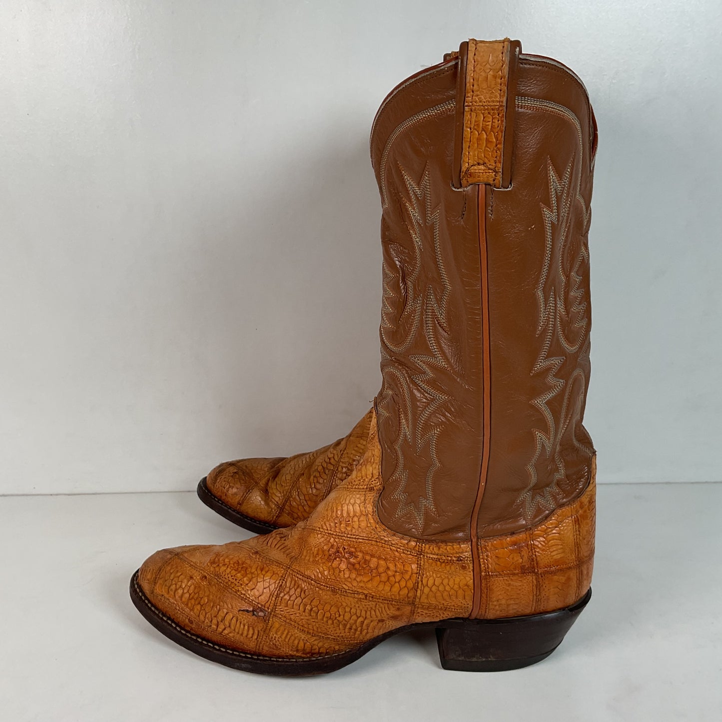 Tony Lama Ostrich Leg Patchwork Cowboy Boots 10 D Gold Label Thrashed