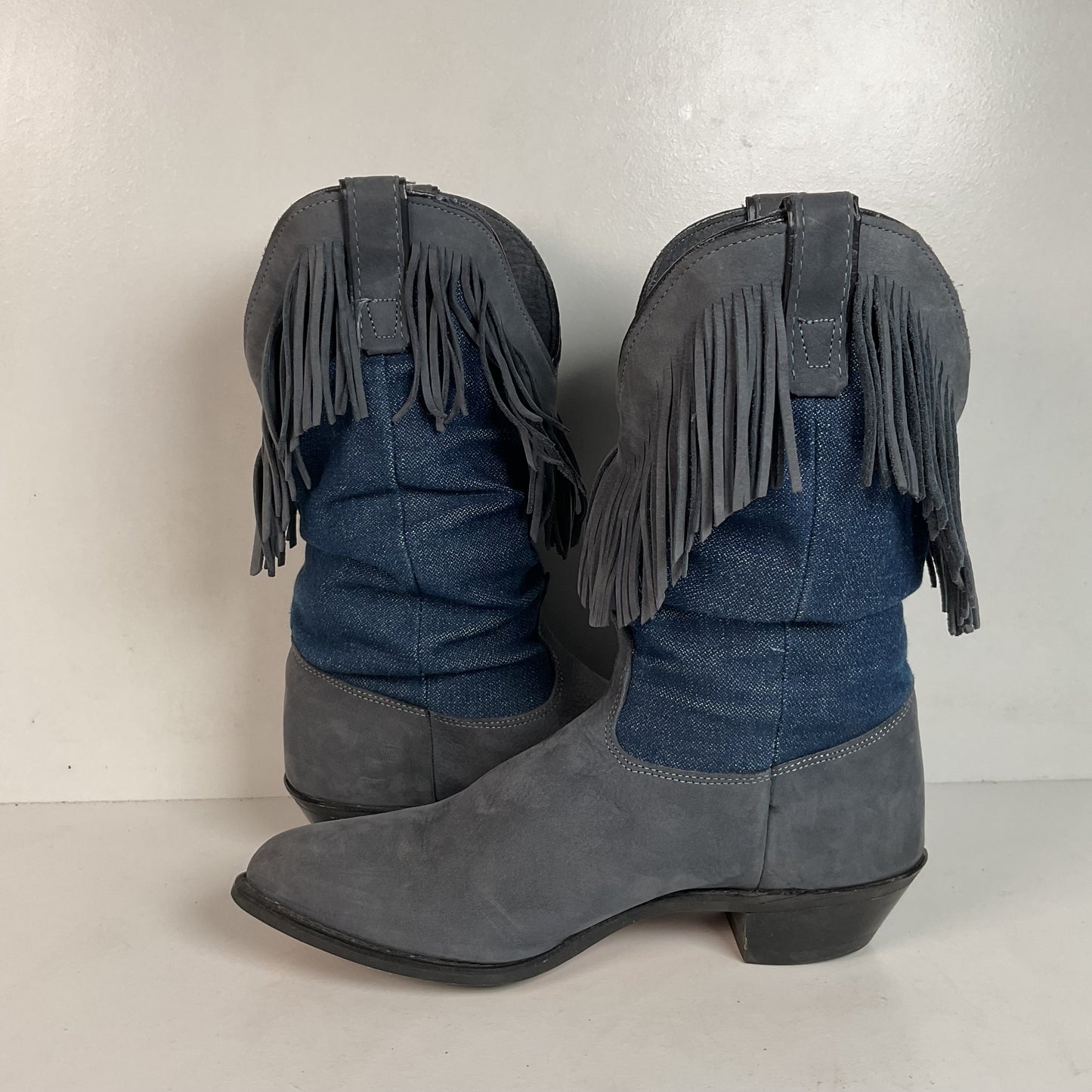 Vintage Wrangler Denim Fringe Cowgirl Boots 8.5 M USA Made Shorty