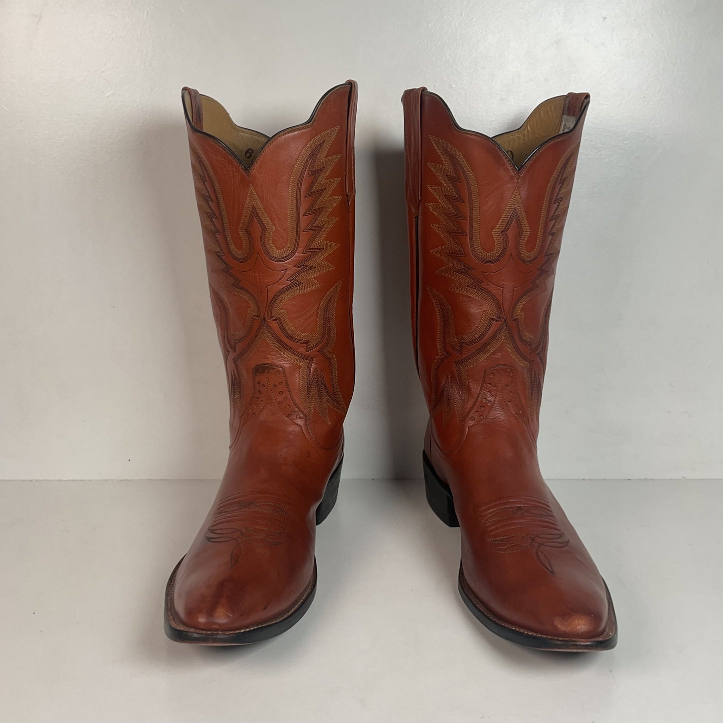 Rios of Mercedes Brown Calfskin Leather Cowboy Boots 13 A (Extra Narrow) Thrashed