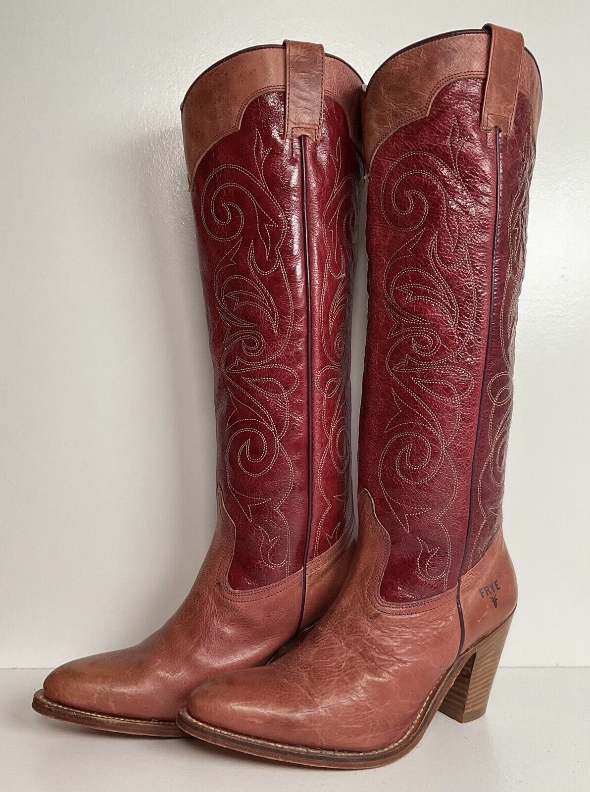 Vintage Frye Dusty Pink Western Boots 6 M Stacked Heel Goodyear Welt S Lake s Boot Company