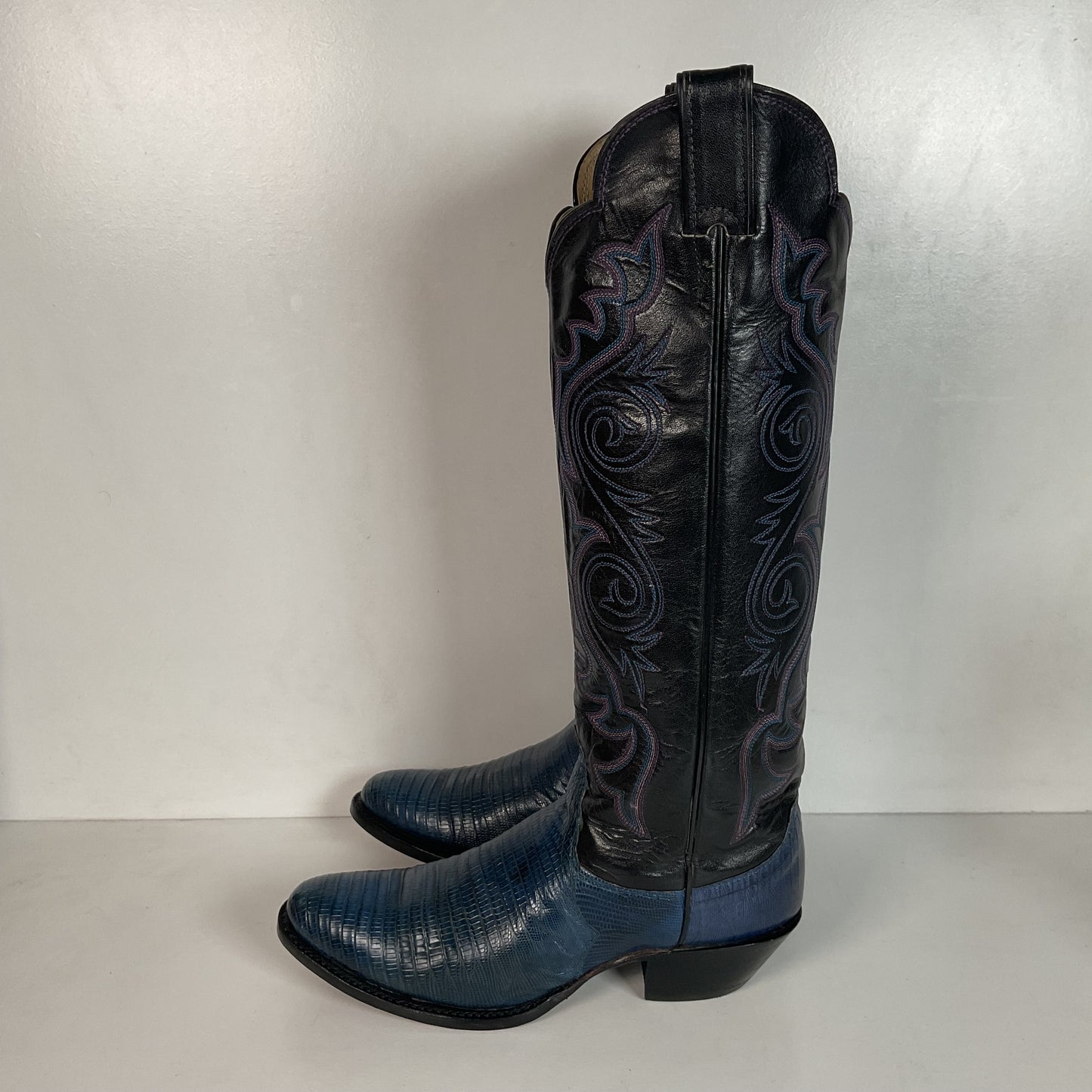 Vintage Justin Tall Blue Lizard Cowgirl Boots 6.5 B USA Made Recraft
