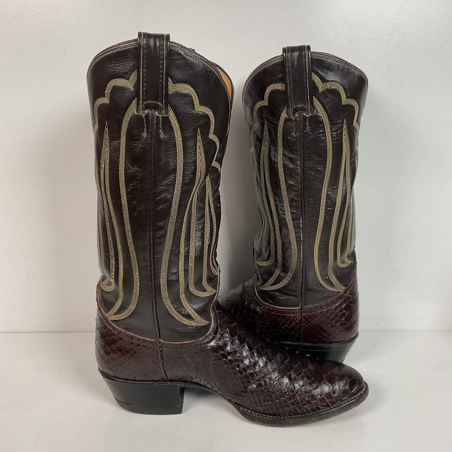 Vintage Tony Lama Back Cut Python Cowboy Boots 8.5 D Dark Brown Snakeskin