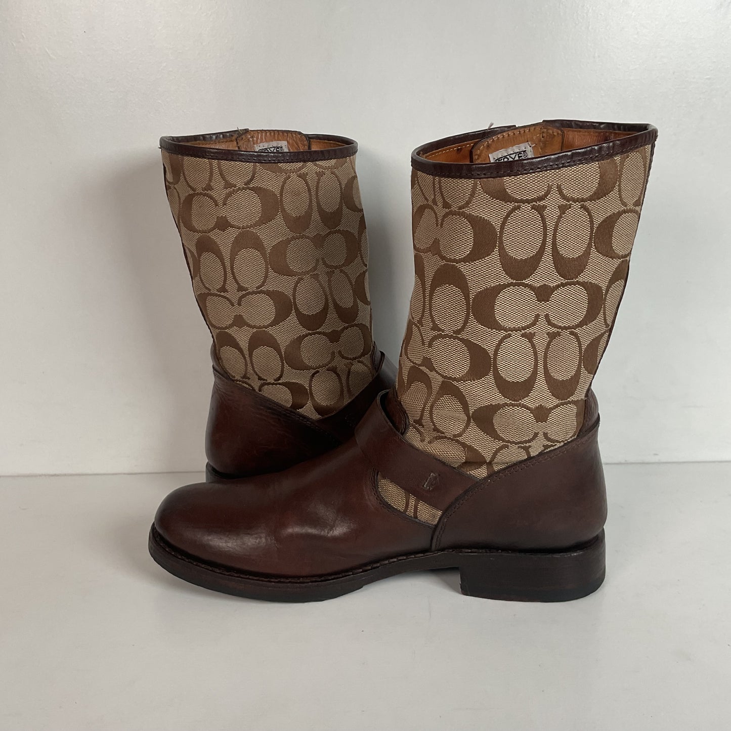 Frye for Coach Veronica Monogram Engineer Boots 8 B Canvas Harness