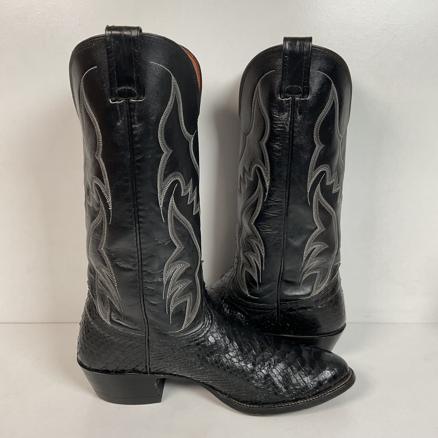 Vintage Nocona Black Boa Snakeskin Cowboy Boots 9 D Old Black Label Back Cut