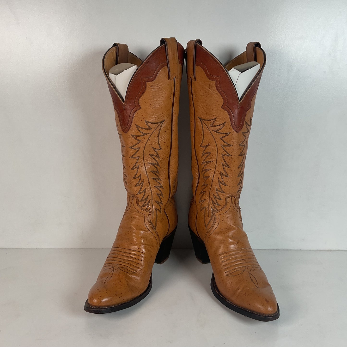 Vintage Justin Tall Cowgirl Boots 8 A Stitched Leaf Tooled Overlay