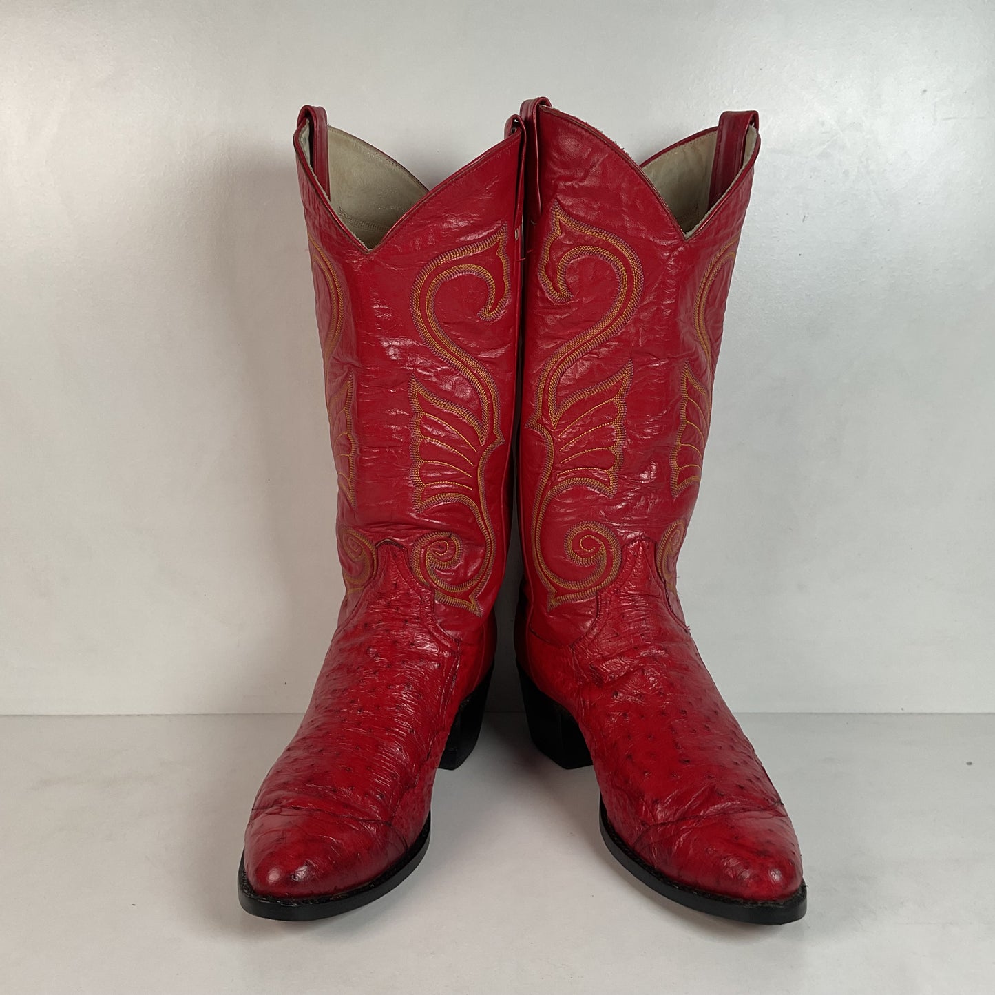 Vintage Larry Mahan Cherry Red Pin Quill Ostrich Cowboy Boots 10.5 D Recraft