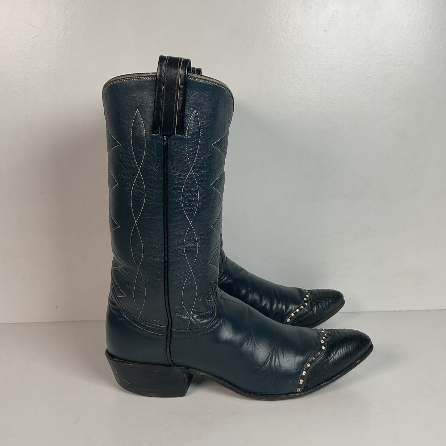 Vintage Tony Lama Navy Blue Cowgirl Boots 5.5 B Gold Label Lizard Wingtip