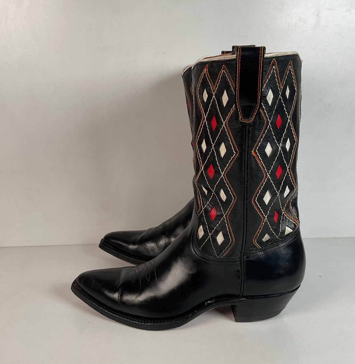 Vintage 1960s ACME Tooled Diamond Inlay Leather Cowboy Boots 8 D Old Label USA Made