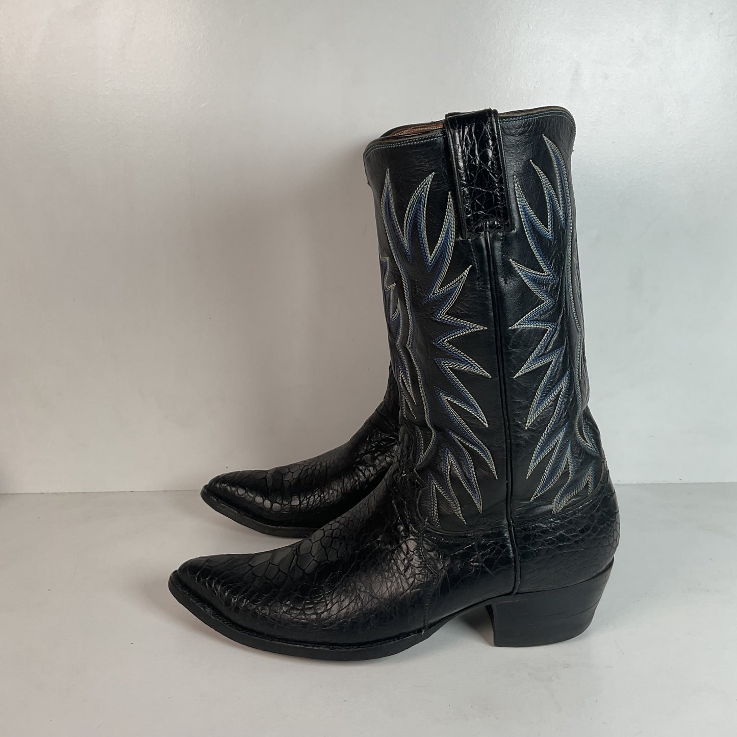 Vintage 1960s Justin Black Sea Turtle Cowboy Boots 10 D USA Made Fort Worth Label Pre-Ban