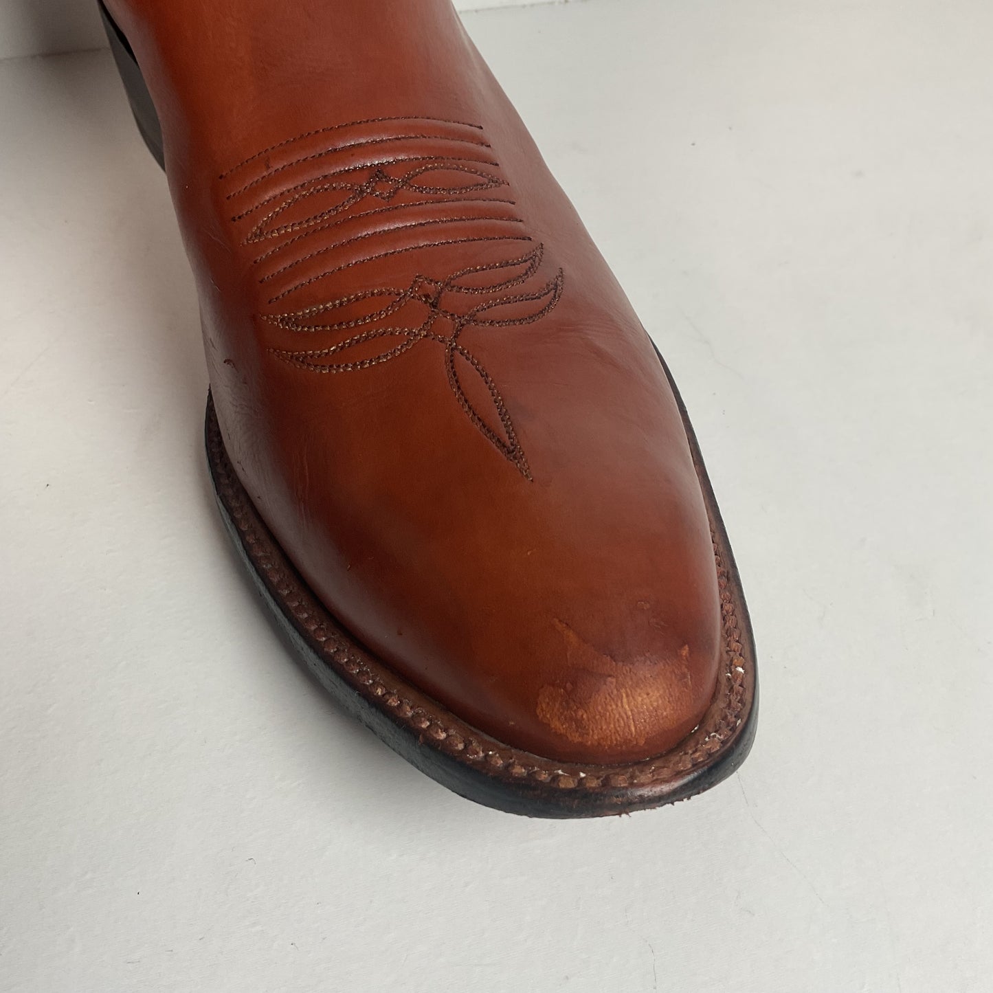 Rios of Mercedes Brown Calfskin Leather Cowboy Boots 13 A (Extra Narrow) Thrashed