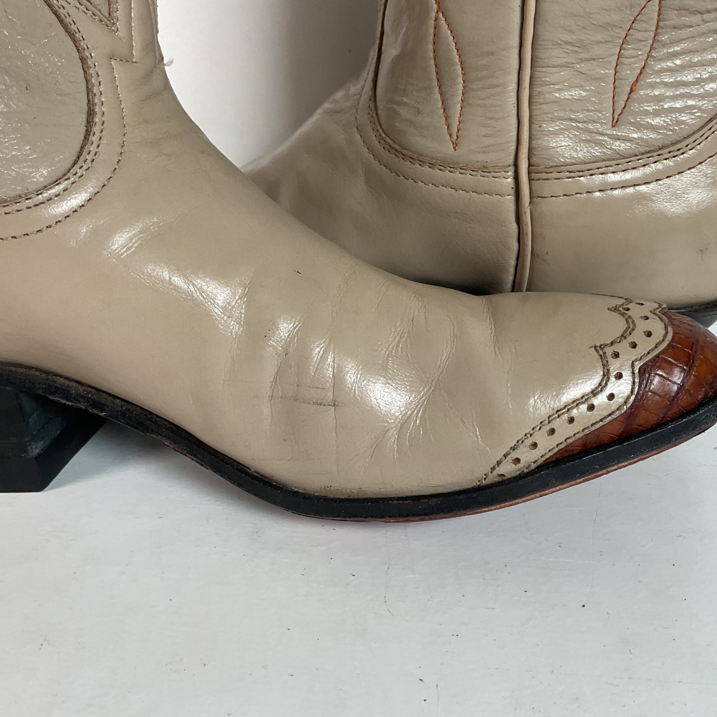 Vintage Tony Lama Lizard Wingtip Cowgirl Boots 5.5 A Creme Leather