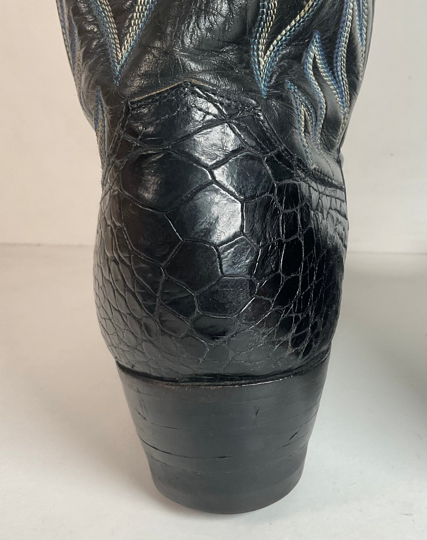Vintage 1960s Justin Black Sea Turtle Cowboy Boots 10 D USA Made Fort Worth Label Pre-Ban