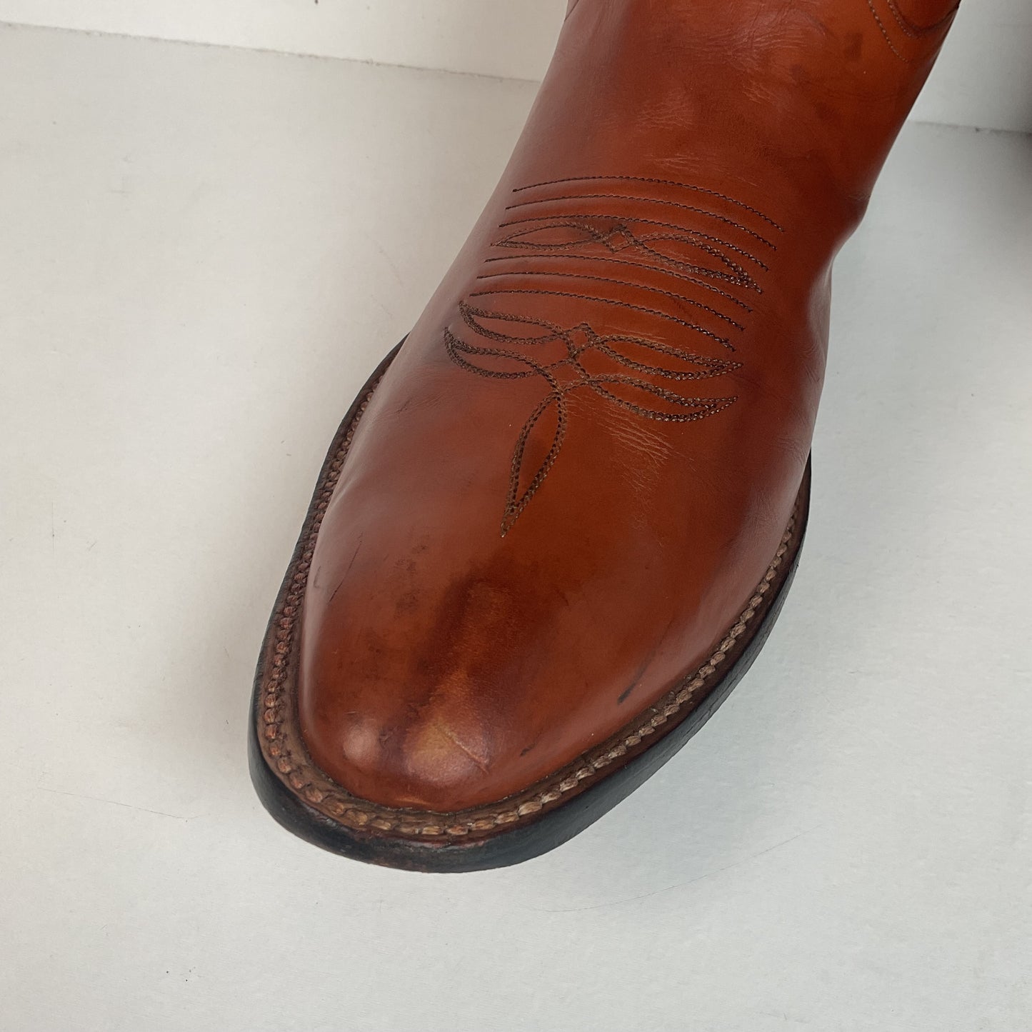 Rios of Mercedes Brown Calfskin Leather Cowboy Boots 13 A (Extra Narrow) Thrashed