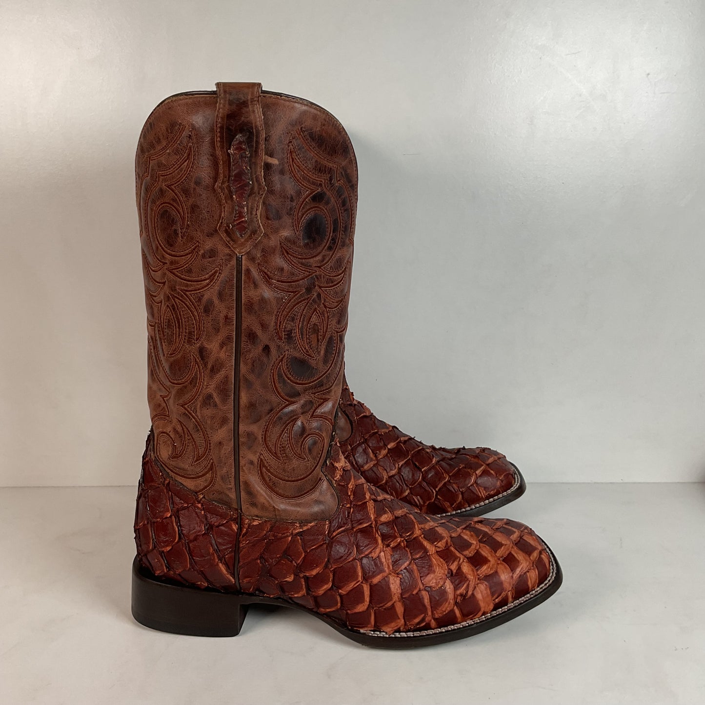 J. B. Dillon Exotic Pirarucu Cowboy Boots 11 EE Big Bass Square Toe