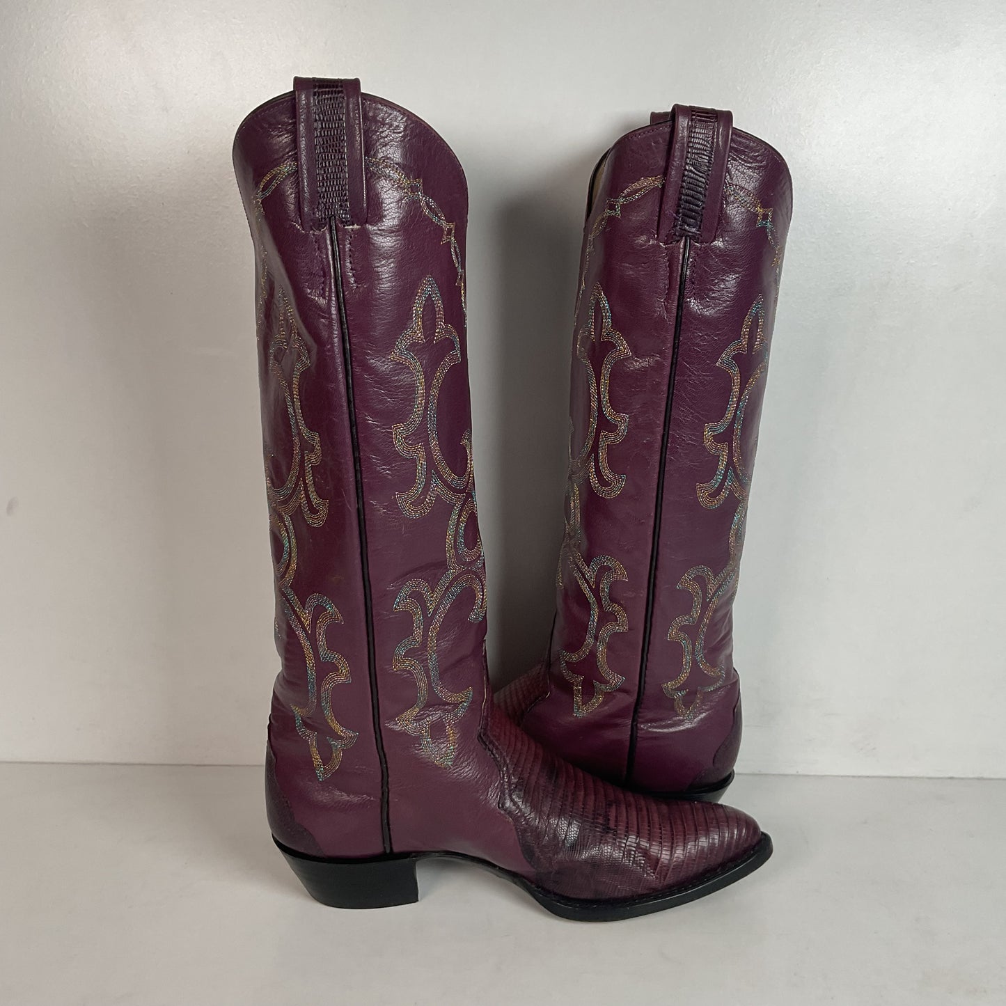Vintage Larry Mahan Tall Purple Cowgirl Boots 8.5 B USA Made Lizard Teju