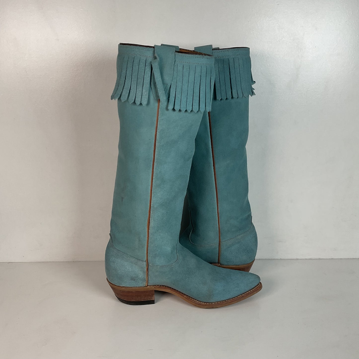 Vintage Wrangler 16.5” Rough Out Suede Cowgirl Boots 6.5 M Fringe Powder Blue