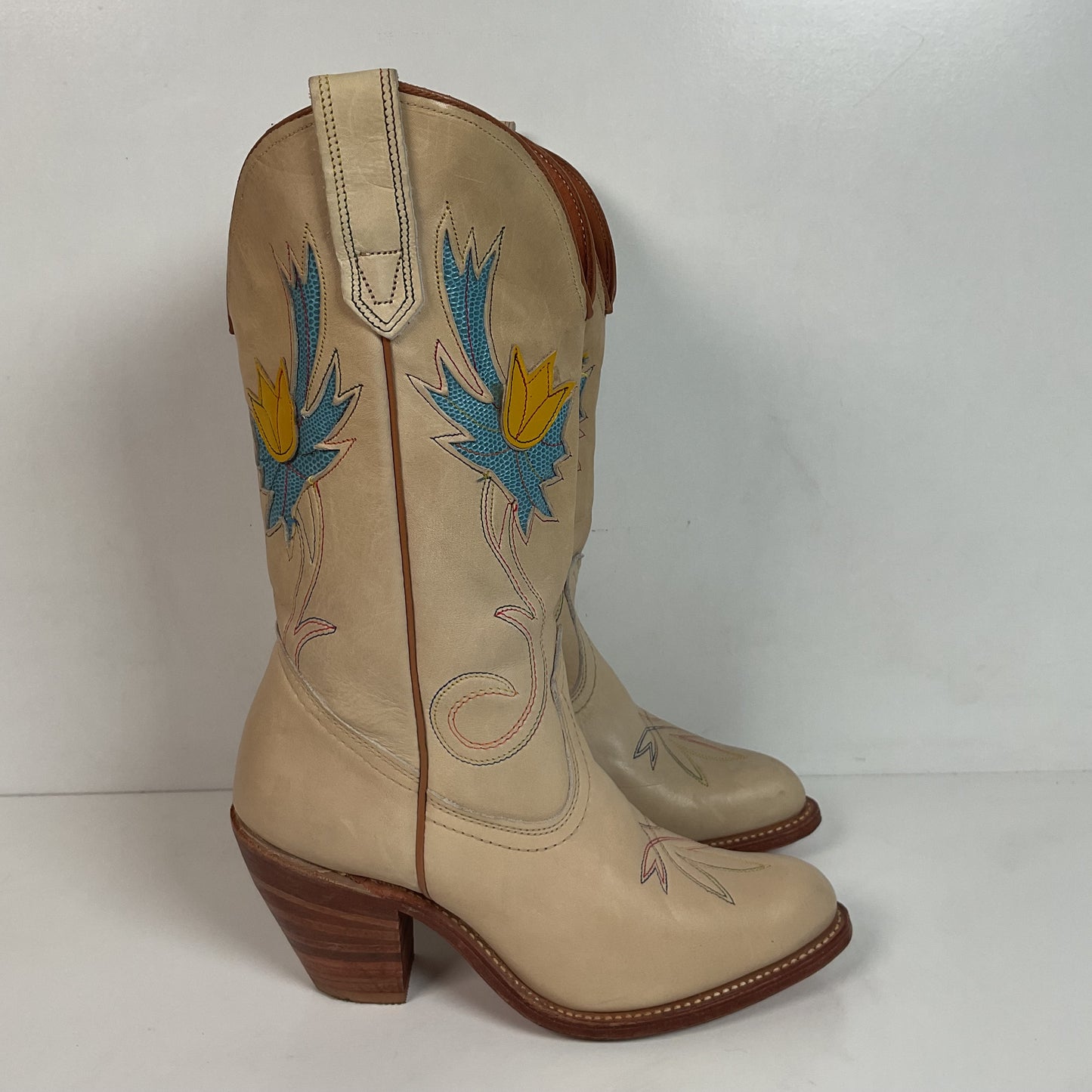 Vintage Miss Capezio Tulip Cowgirl Boots 7.5 M USA Made Rainbow Stitched