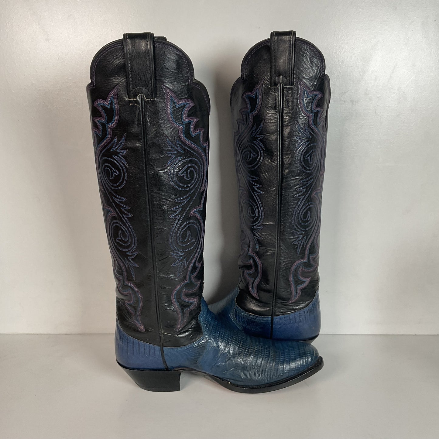 Vintage Justin Tall Blue Lizard Cowgirl Boots 6.5 B USA Made Recraft