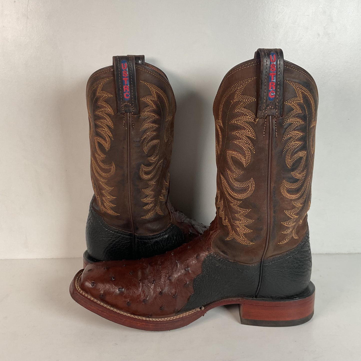 Vintage Tony Lama Exotic Ostrich, Shark Cowboy Boots 8 EE Square Toe Custom