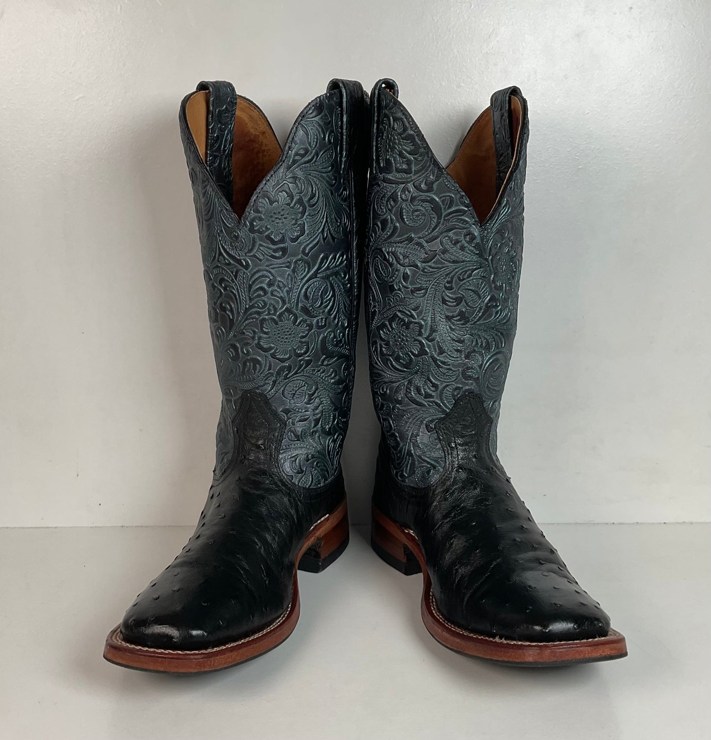 Boulet Tooled Ostrich Quill Cowgirl Boots 7 C Square Toe Exotic