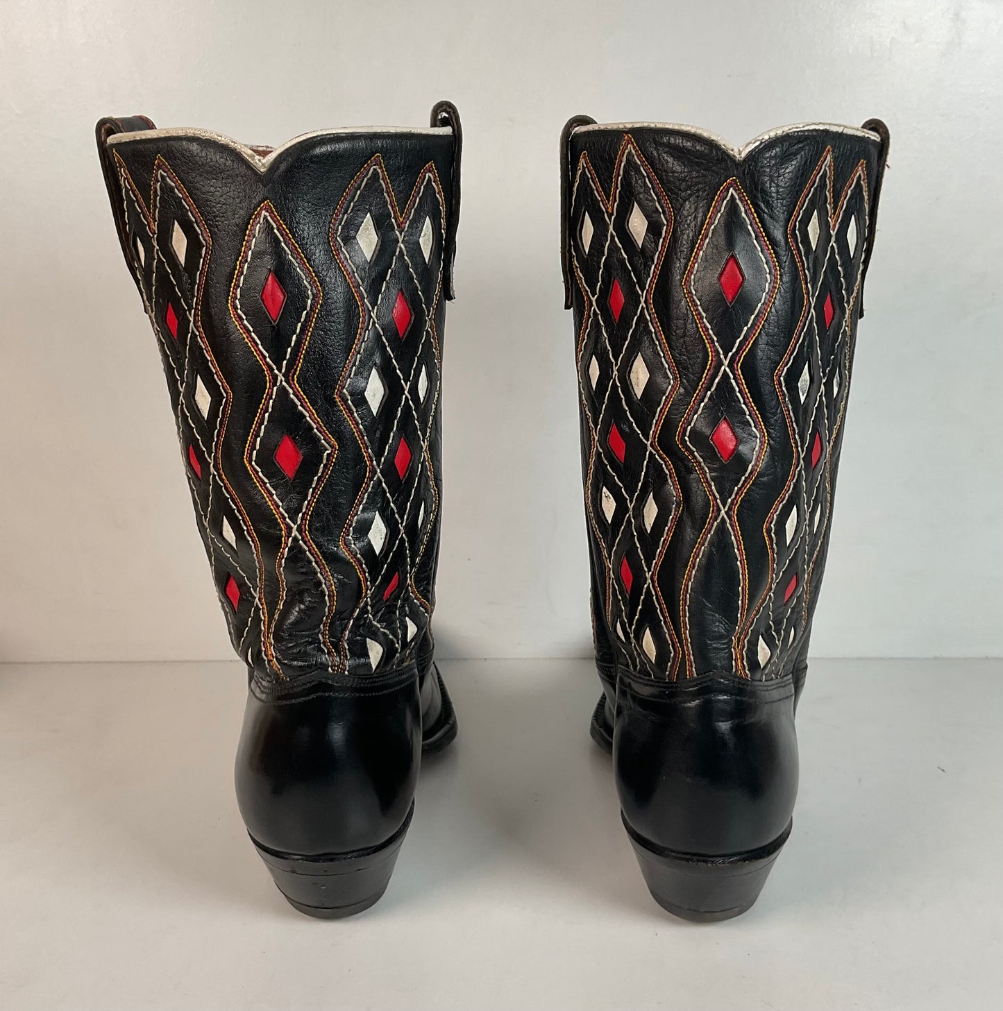Vintage 1960s ACME Tooled Diamond Inlay Leather Cowboy Boots 8 D Old Label USA Made