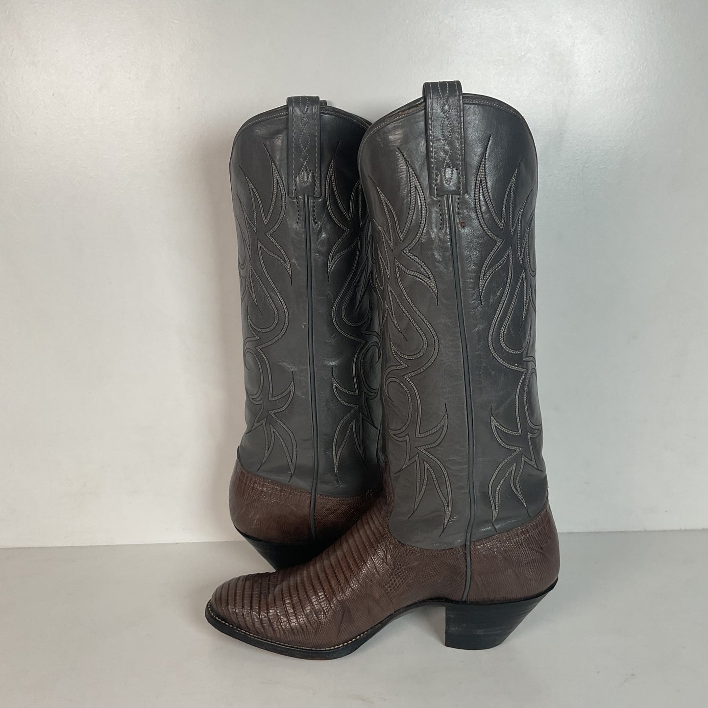 Vintage J Chisholm Grey Tall Cowgirl Boots 8 M Lizard Vamp USA Made